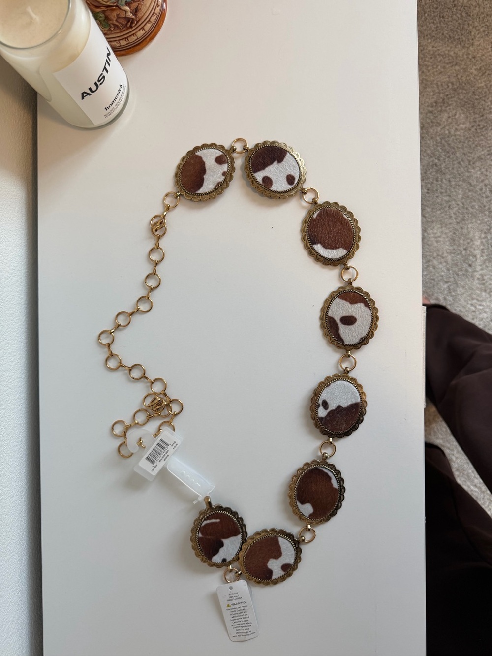 Gold Chain Belt with Brown and White Cow Print Pattern - Picture 1 of 2